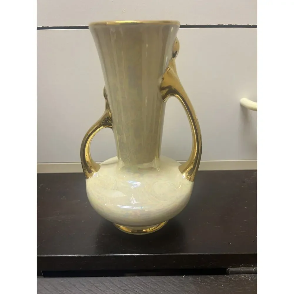 Antique Iridescent Hand Painted Vase beautiful‎ gold 22k asymmetrical handles